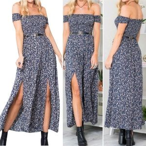 Blue Floral Off the Shoulder Dress